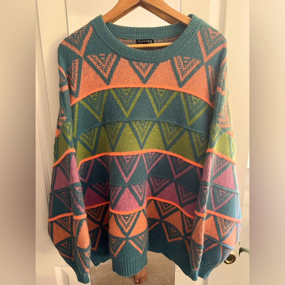 Teal & Neon Hued Balloon Sleeve Sweater